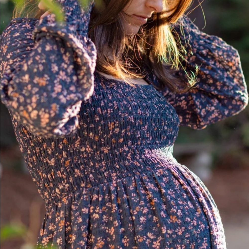 Hatch Floral Long Sleeve Dress - Navy and Peach